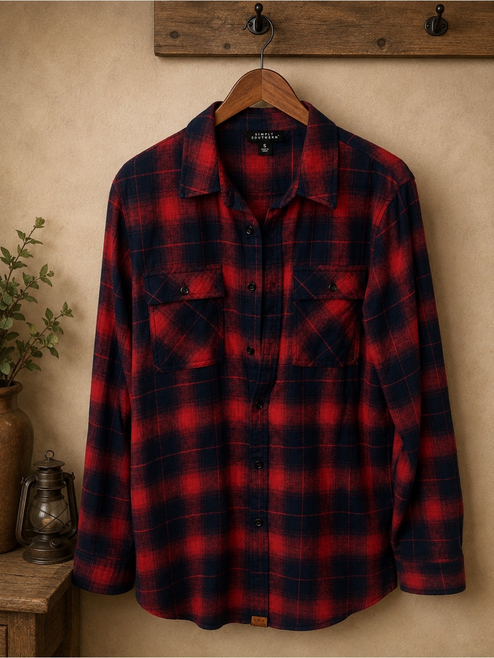 Simply Southern Men’s Red Navy Plaid Flannel Button Up Shirt Size Small